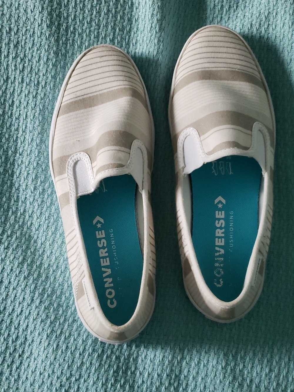 Converse Women's Slip-On Flats in White and Beige Stripes